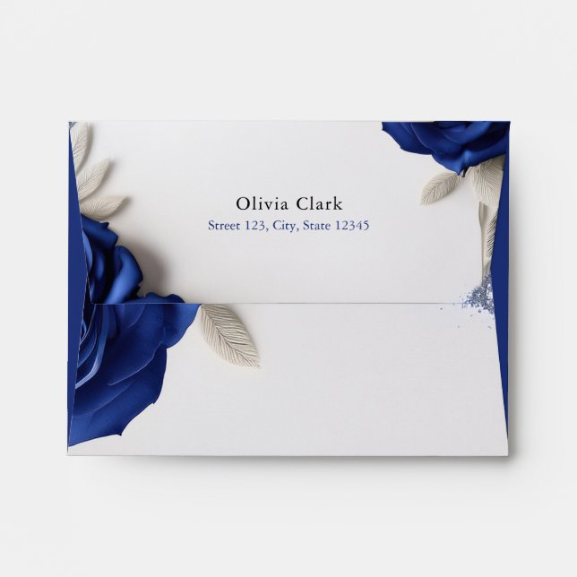 Elegant Navy Blue Roses & Silver Glitter Wedding Envelope (Back (Top Flap))