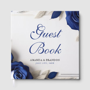 Elegant Navy Blue Roses & Silver Glitter Wedding Foil Guest Book