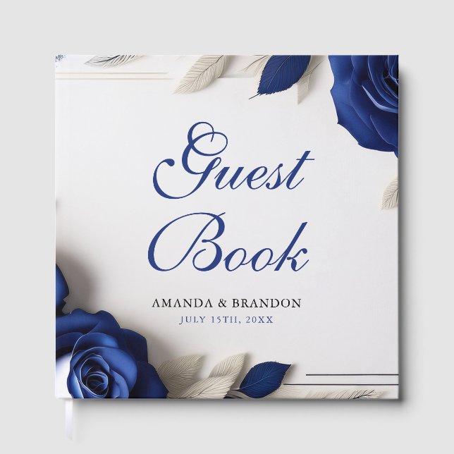Elegant Navy Blue Roses & Silver Glitter Wedding Foil Guest Book (Front)
