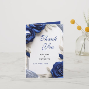 Elegant Navy Blue Roses & Silver Glitter Wedding Letterpress Thank You Card
