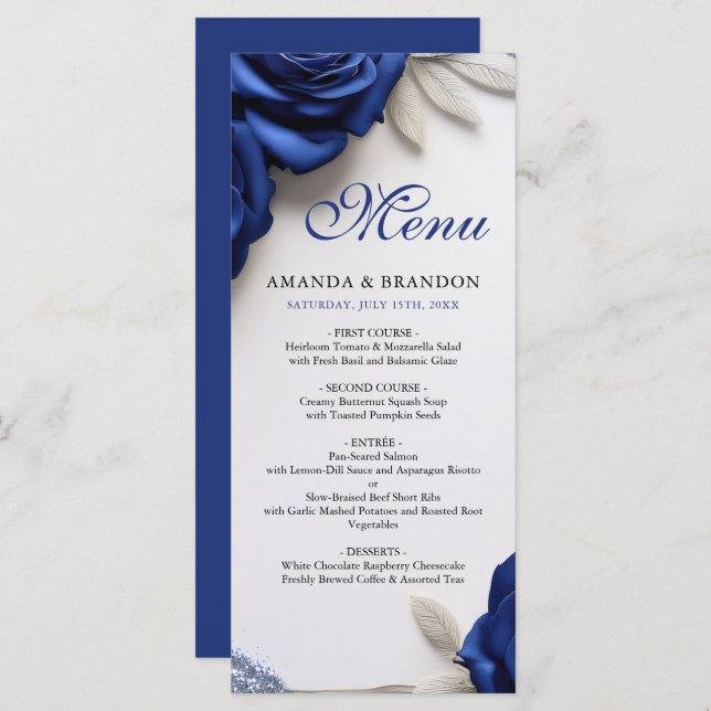 Elegant Navy Blue Roses & Silver Glitter Wedding Menu (Front/Back)