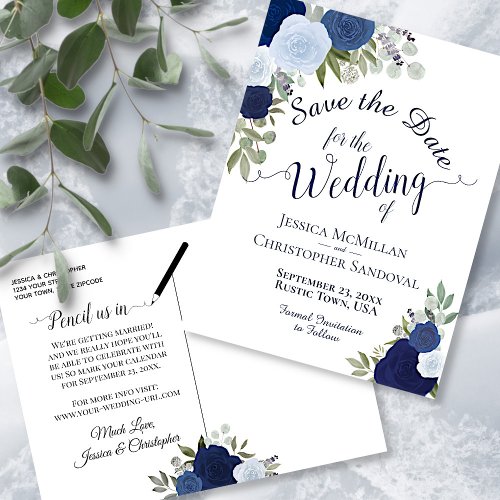 Elegant Navy  Blue Roses Wedding Save the Date Announcement Postcard