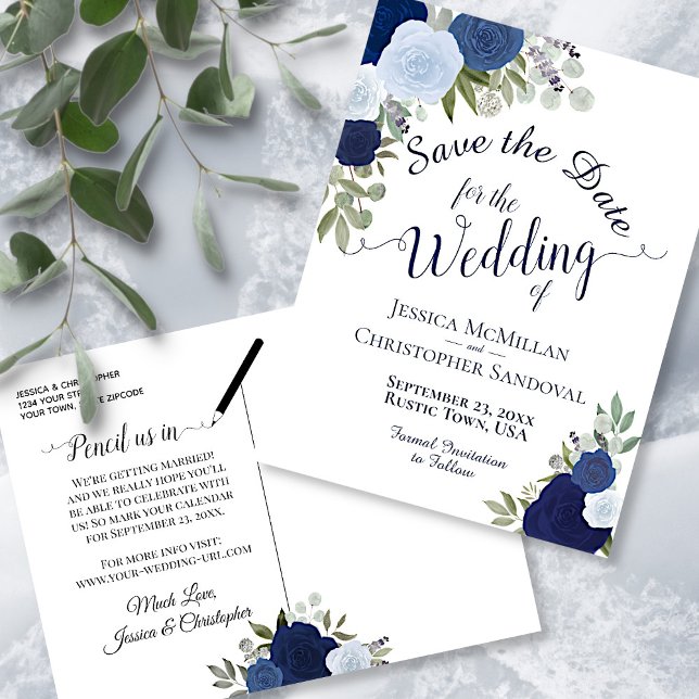 Elegant Navy & Blue Roses Wedding Save the Date Announcement Postcard (Creator Uploaded)