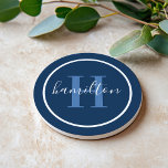 Elegant Navy Blue Round Custom Monogram Initial Coaster<br><div class="desc">Elegant round personalized beverage drink coaster design features a classic custom serif monogram initial in dusty blue with your last name / surname in modern white calligraphy script against a navy blue background. A simple white circle frames the design. Color scheme can be customized to coordinate perfectly with your home...</div>