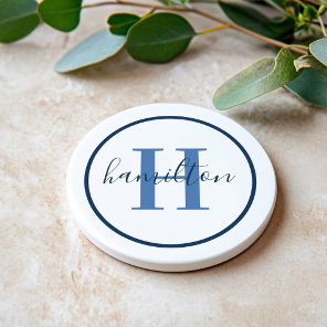 Elegant Navy Blue Round Monogram Script Coaster