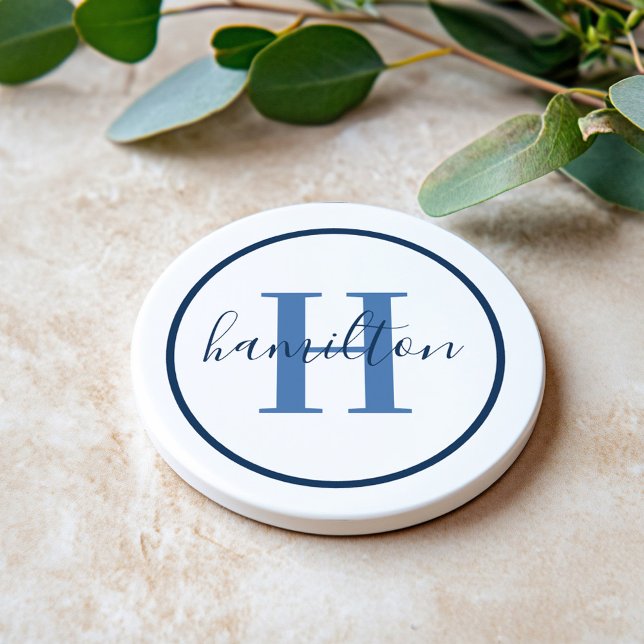 Elegant Navy Blue Round Monogram Script Coaster (Creator Uploaded)