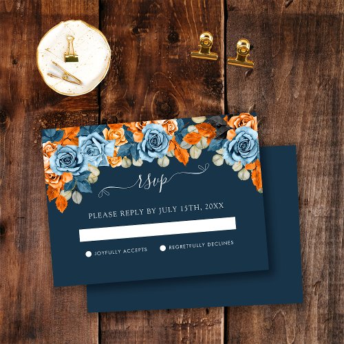 Elegant Navy Blue Rust Terracota Wedding RSVP Card