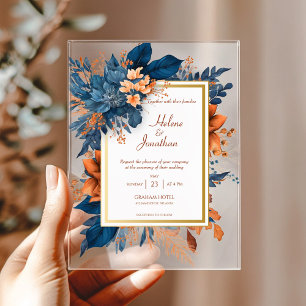 Elegant Navy Blue Rust Watercolor Boho Wedding Acrylic Invitations
