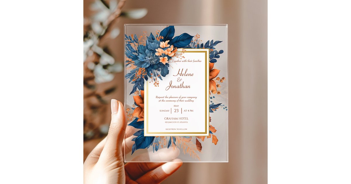Elegant Navy Blue Rust Watercolor Boho Wedding Acrylic Invitations