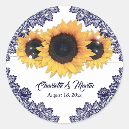 Elegant Navy Blue Rustic Chic Sunflower Wedding Classic Round Sticker