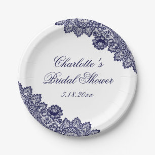 Elegant Navy Blue Rustic Floral Lace Bridal Shower Paper Plates