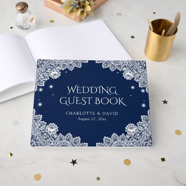 Elegant Navy Blue Rustic Floral Lace Wedding Guest Book (Front Open)