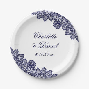 Elegant Navy Blue Rustic Floral Lace Wedding Paper Plates