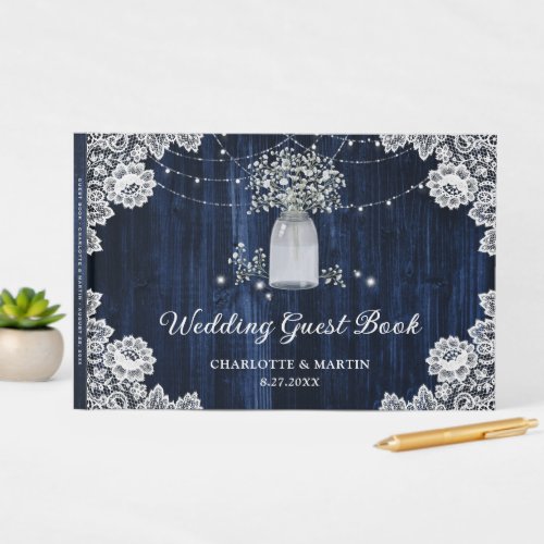 Elegant Navy Blue Rustic Floral Wedding Guest Book
