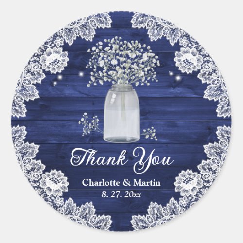 Elegant Navy Blue Rustic Floral Wedding Thank You Classic Round Sticker