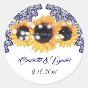 Elegant Navy Blue Rustic Sunflower Wedding Classic Round Sticker