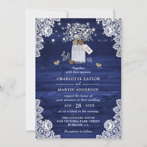 Elegant Navy Blue Rustic Wood Mason Jar Wedding Invitation