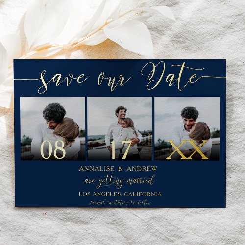 Elegant navy blue script 3 photos save the date foil invitation postcard