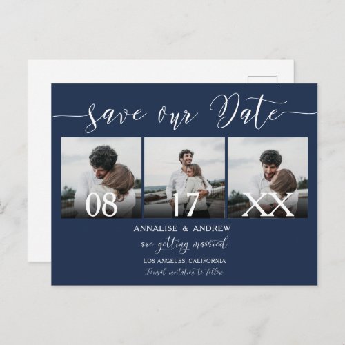 Elegant navy blue script 3 photos save the date postcard