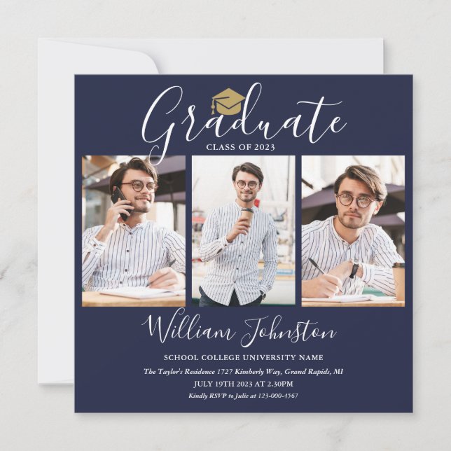 Elegant Navy Blue Script 4 Photo Graduation Party  Invitation (Front)