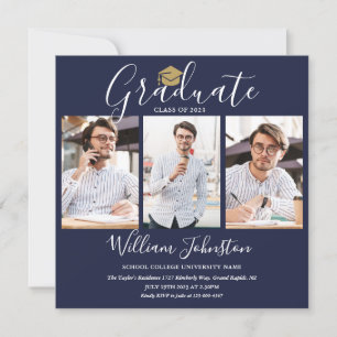 Elegant Navy Blue Script 4 Photo Graduation Party Invitation