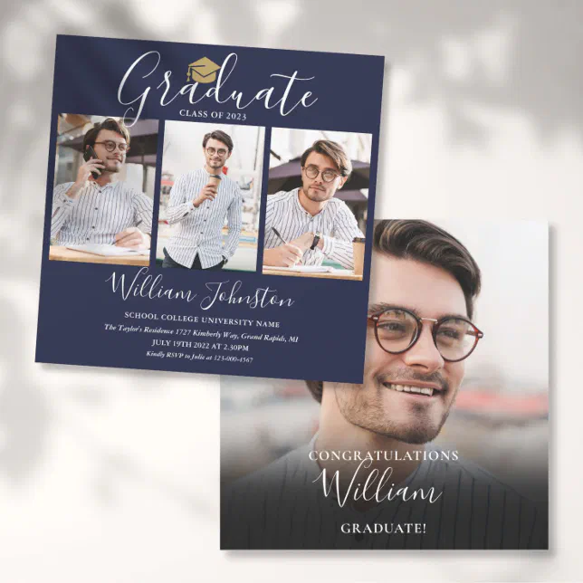 Elegant Navy Blue Script 4 Photo Graduation Party Invitation | Zazzle