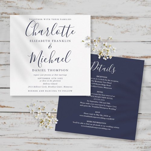 Elegant Navy Blue Script All In One Wedding Invitation