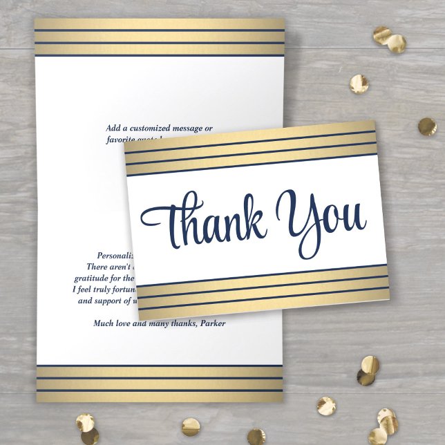 Elegant Navy Blue Script and Gold Stripes Folded Letterpress Thank You Card (Creator Uploaded)
