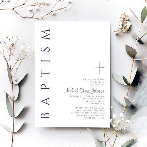 Elegant Navy Blue Script Baptism Invitation