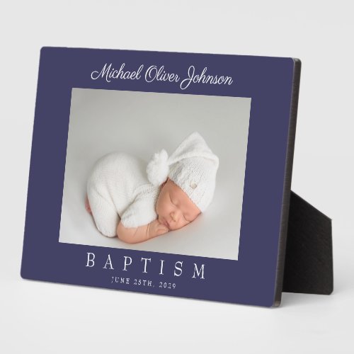 Elegant Navy Blue Script Baptism Photo Plaque