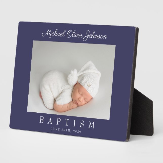 Elegant Navy Blue Script Baptism Photo Plaque (Side)