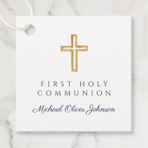 Elegant Navy Blue Script Boy First Communion Favor Tags