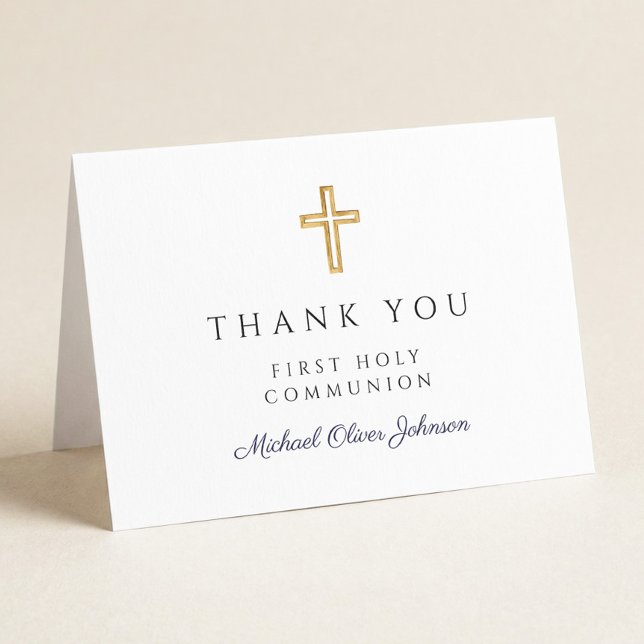Elegant Navy Blue Script Boy First Communion  Letterpress Thank You Card (Elegant Navy Blue Script Boy First Communion Thank You Card)