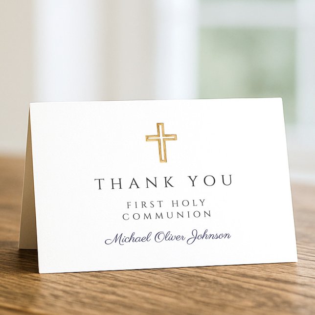 Elegant Navy Blue Script Boy First Communion  Thank You Card (Elegant Navy Blue Script Boy First Communion Thank You Card)