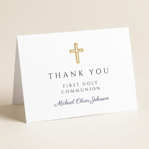 Elegant Navy Blue Script Boy First Communion  Thank You Card