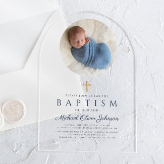 Elegant Navy Blue Script Boy Photo Baptism