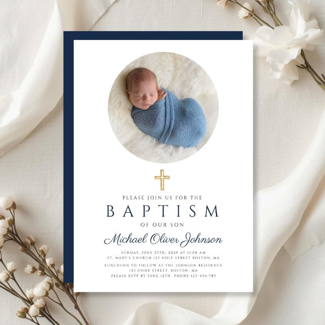 Elegant Navy Blue Script Boy Photo Baptism  Invitation (Elegant Navy Blue Script Boy Photo Baptism Invitation)