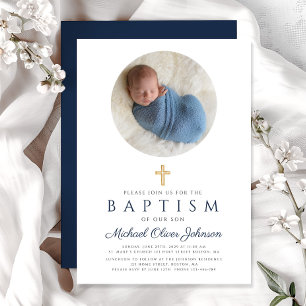 Elegant Navy Blue Script Boy Photo Baptism Invitation