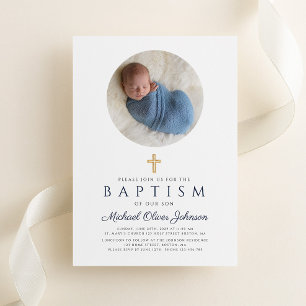Elegant Navy Blue Script Boy Photo Baptism Invitation