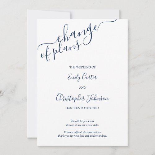 Elegant Navy Blue Script Change of Plans Card