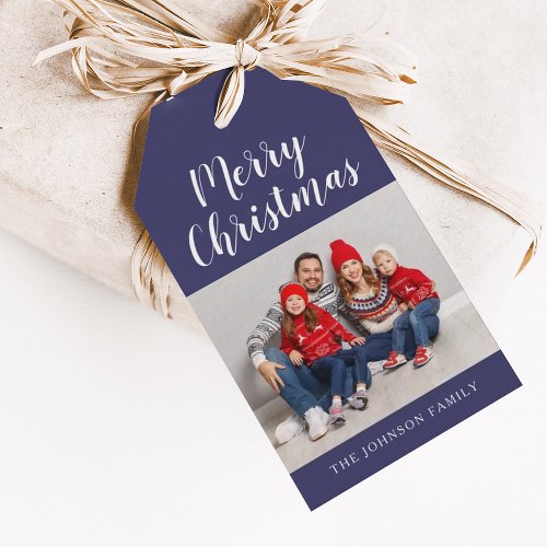 Elegant Navy Blue Script Christmas Photo  Gift Tags