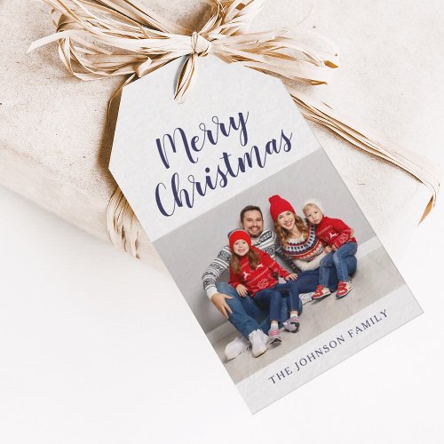 Elegant Navy Blue Script Christmas Photo Gift Tags