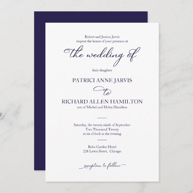 Elegant Navy Blue Script Classic Wedding Invitation (Front/Back)