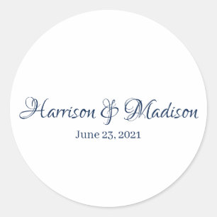 Elegant navy blue script custom Wedding favors  Classic Round Sticker