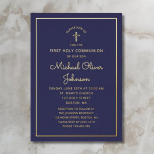 Elegant Navy Blue Script First Communion Gold Foil Invitation