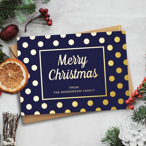 Elegant Navy Blue Script Merry Christmas Gold Foil Holiday Card