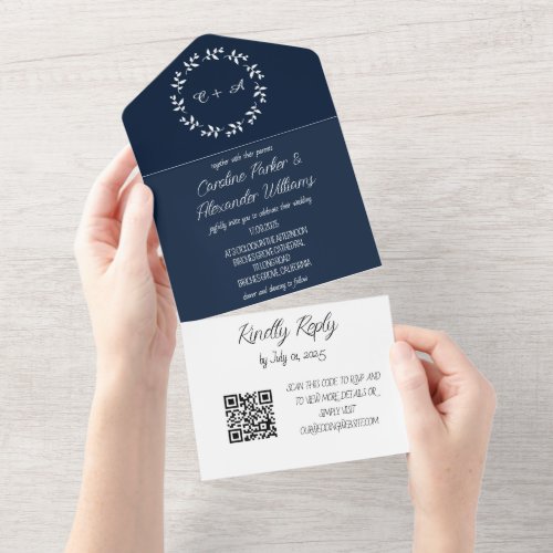 Elegant Navy Blue Script Modern RSVP QR Code All In One Invitation