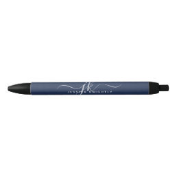 Elegant Navy Blue Script Monogram Initials Name Black Ink Pen