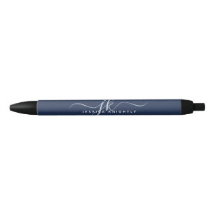 Elegant Navy Blue Script Monogram Initials Name Black Ink Pen