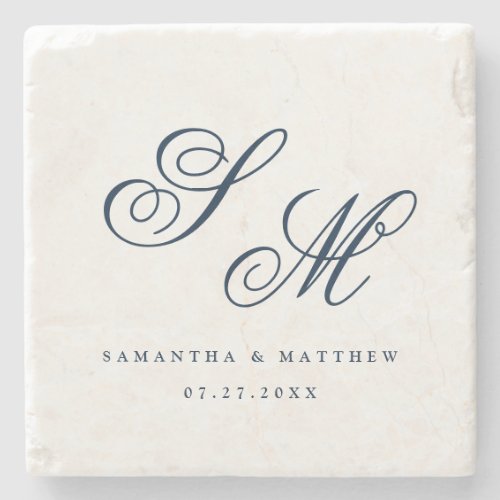 Elegant Navy Blue Script Monogram Wedding Favor Stone Coaster